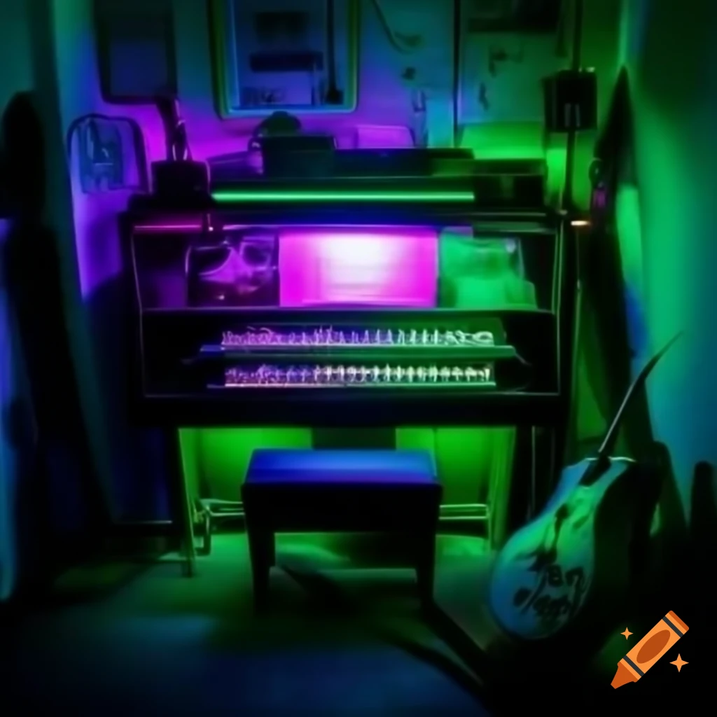 Vintage room with purple and emerald green neon lights creating an atmospheric vibe
