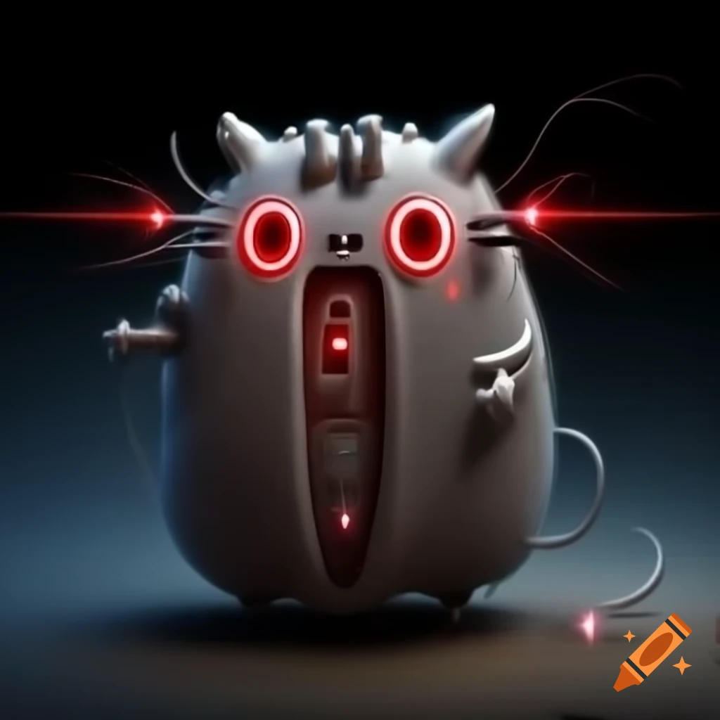 Cartoon cybernetic Pusheen with glowing red laser eyes and long black hair