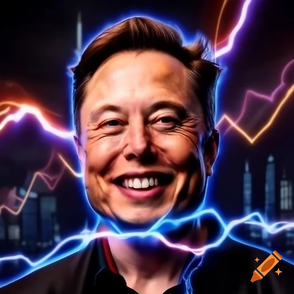 Elon Musk smiling in front of a futuristic cityscape
