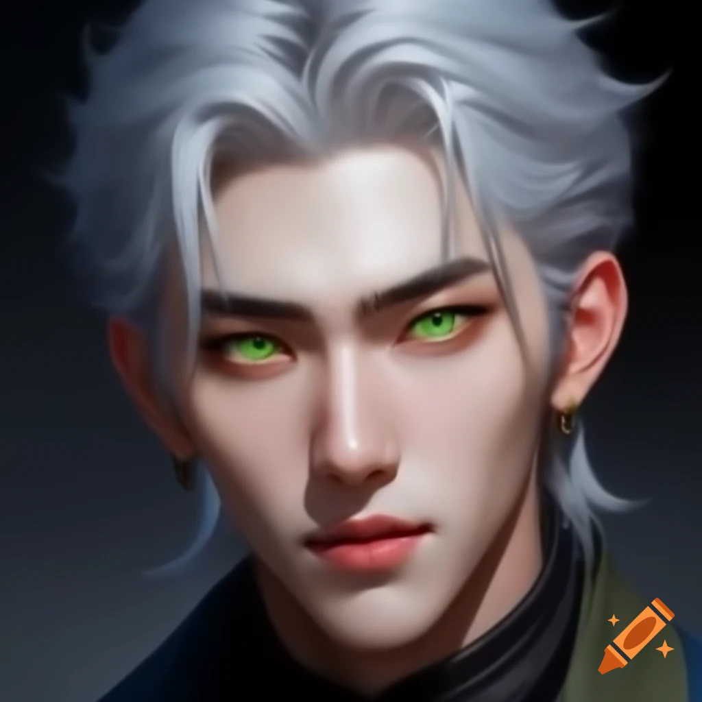 Realistic portrait of a handsome young man with silver hair and yellow-green eyes