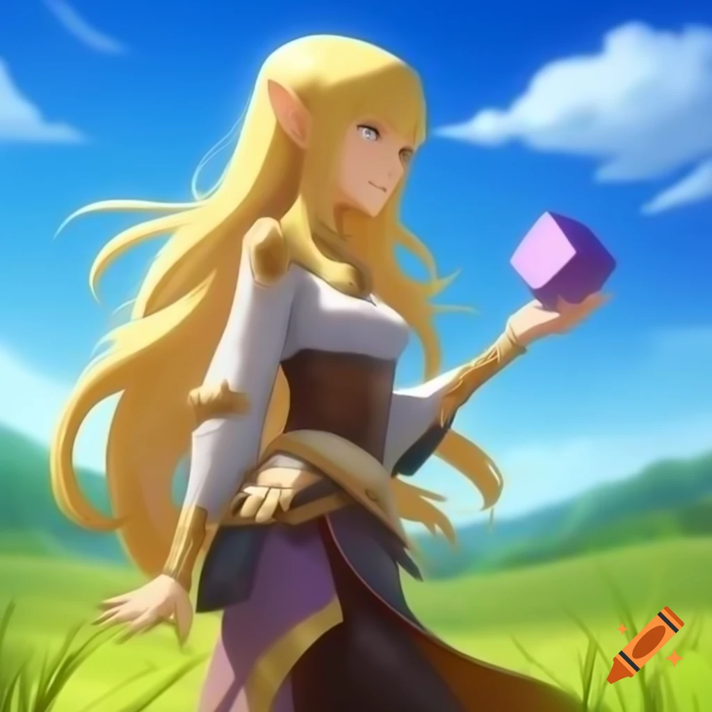 Anime fantasy illustration of female mage with blond hair holding cube in sunlit field