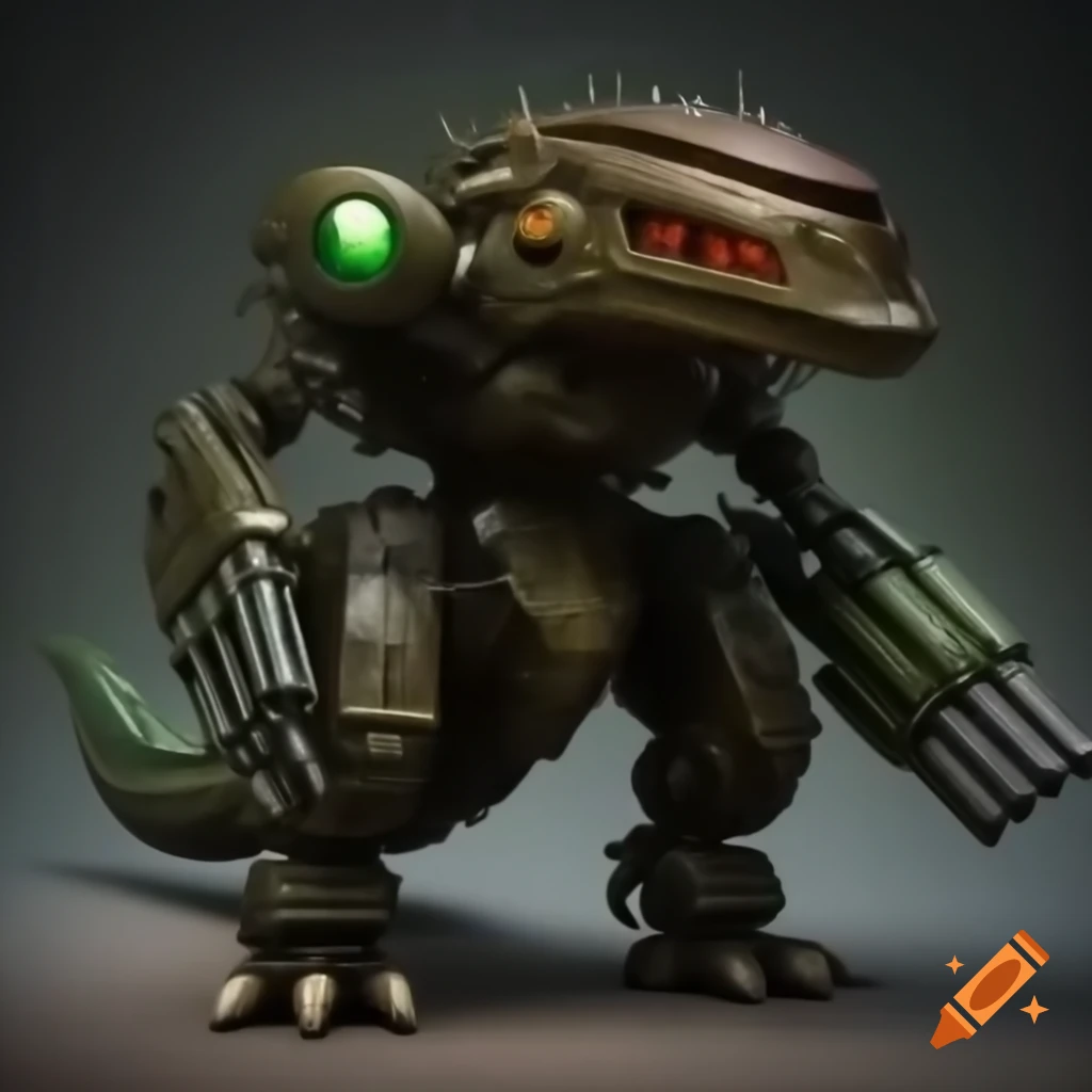 Mechanical kaiju with plasma gun, brown with green and yellow mottling