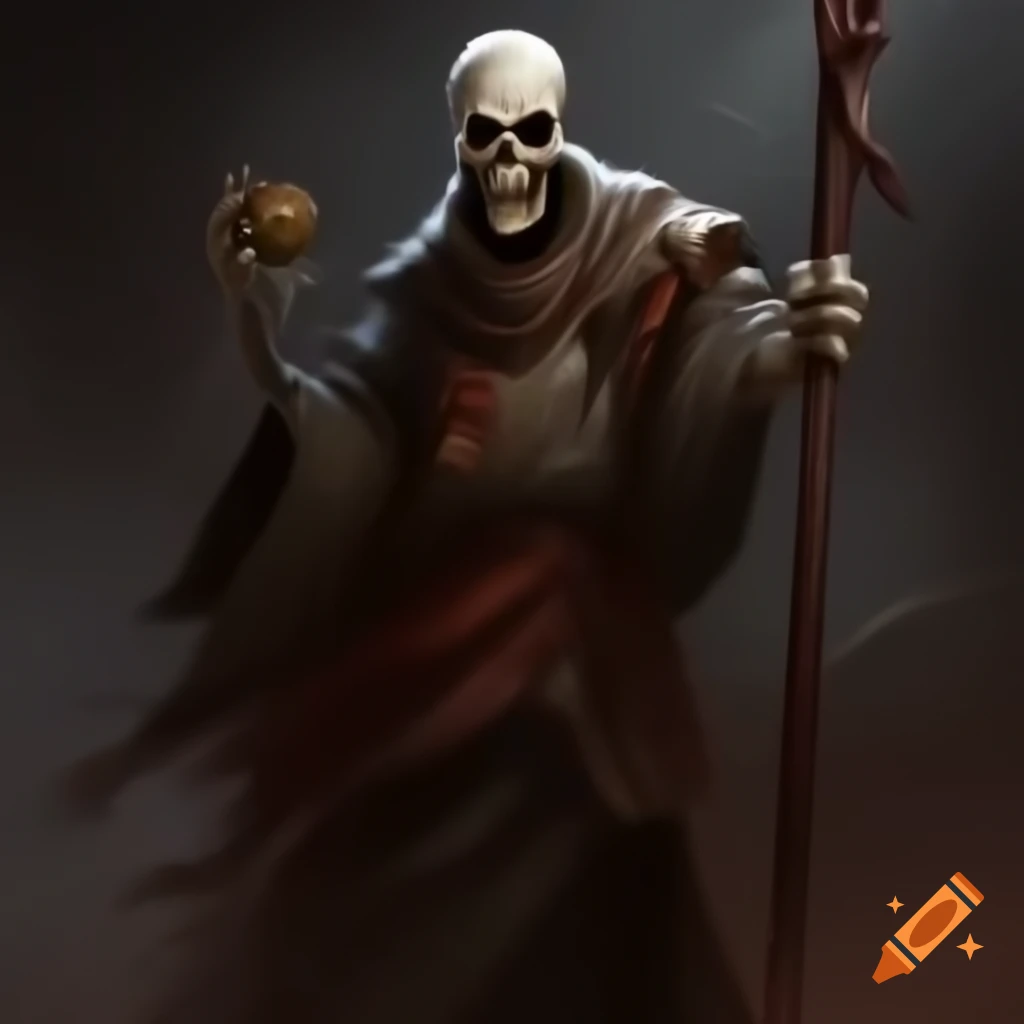 Skeletal mage in tattered robe wielding bone staff with skull, fantasy art