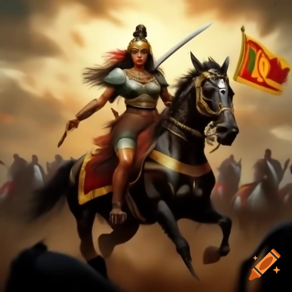 Sri Lankan warrior queen on horse wielding a sword in battle