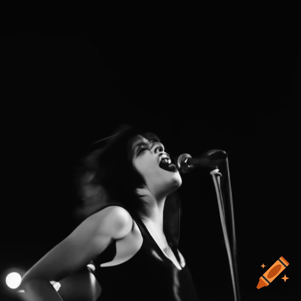 Female vocalist performing on stage with grunge aesthetic, film photography style
