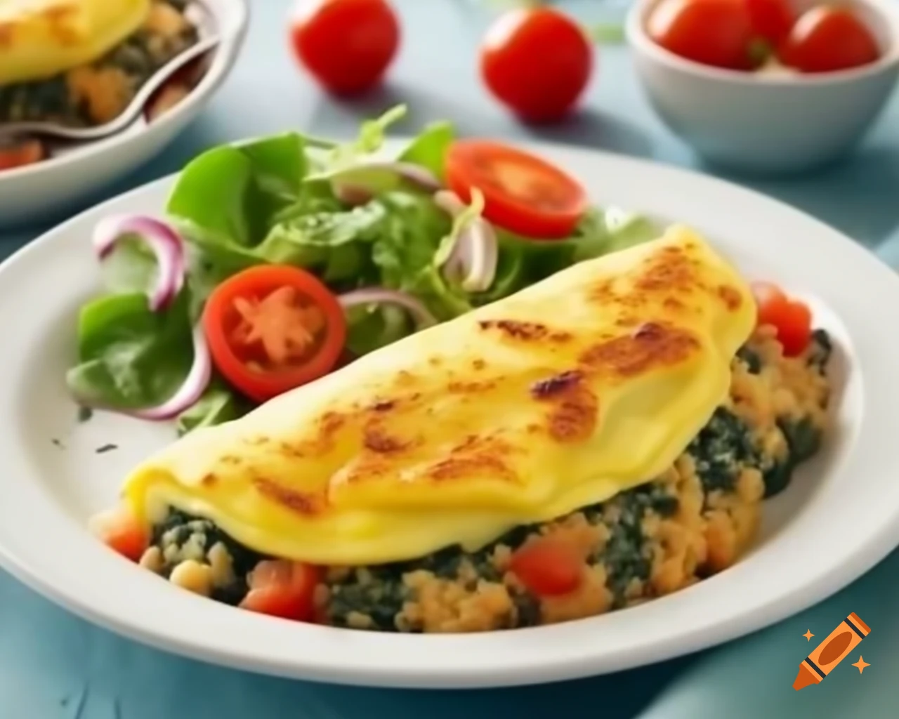Vibrant plate of spring rice casserole with spinach omelette and tomato onion salad