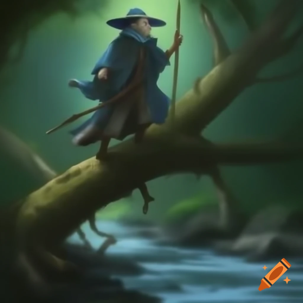 Wizard walking along fallen tree across a river with steep banks