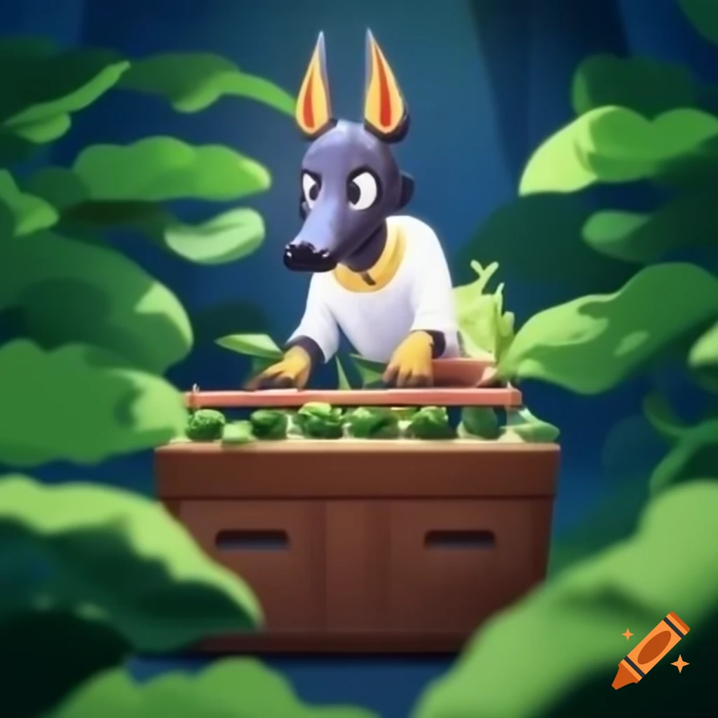 Creative logo design featuring cute Anubis in hydroponic setting