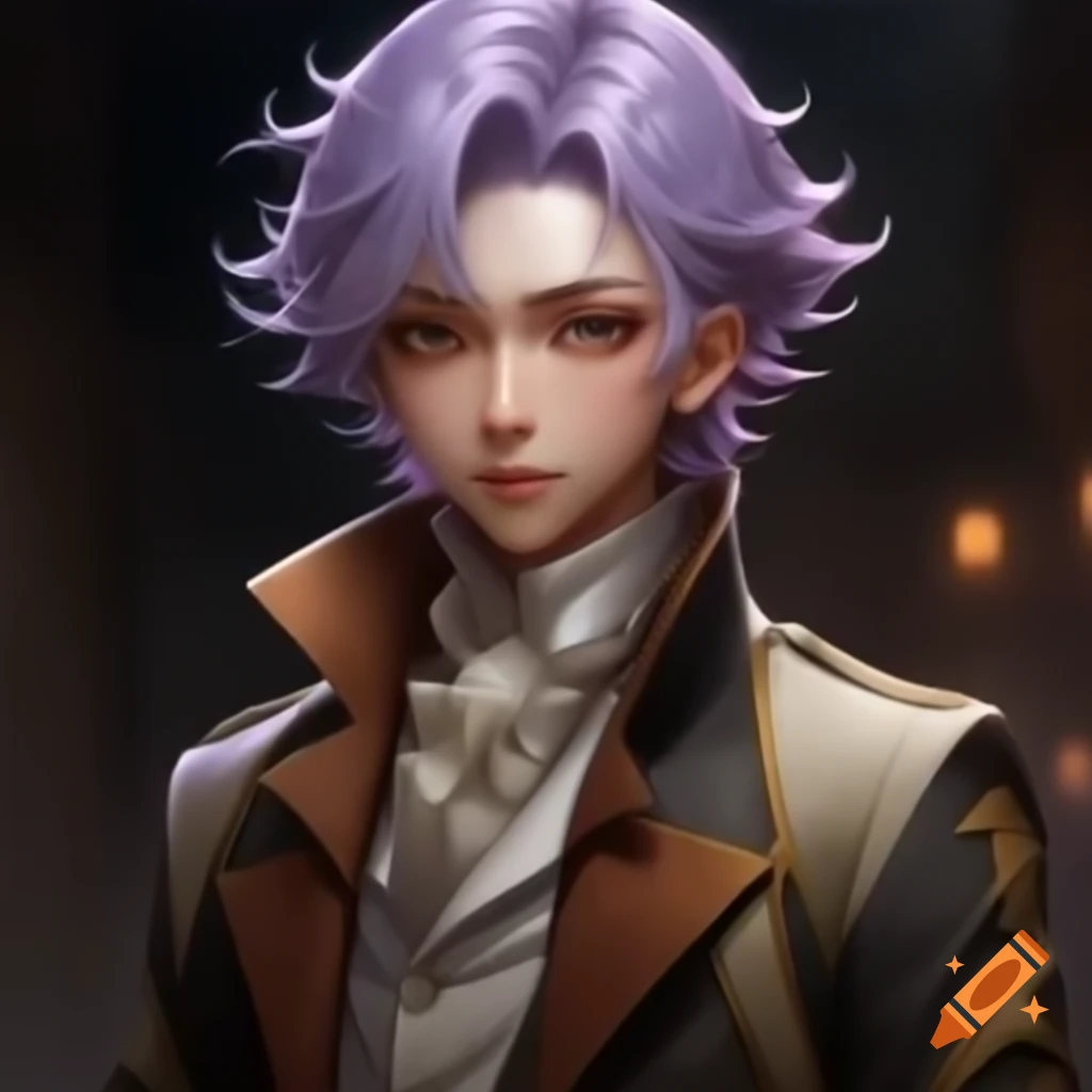 Anime boy portrait with silver and lavender hair in stylish composer