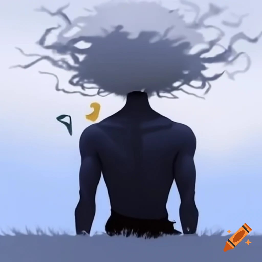 Man with dark skin, blue eyes, and messy white hair under a white tree