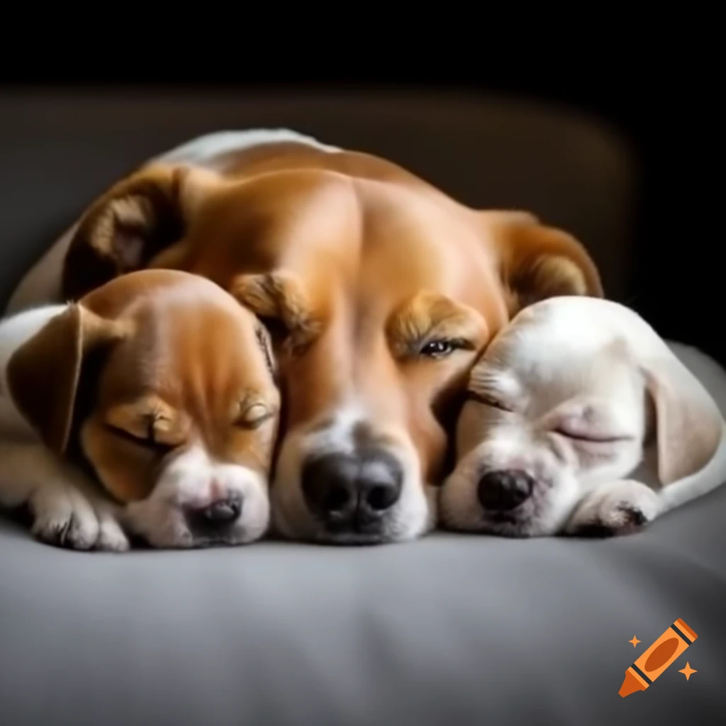 Mother dog sleeping peacefully with her puppies
