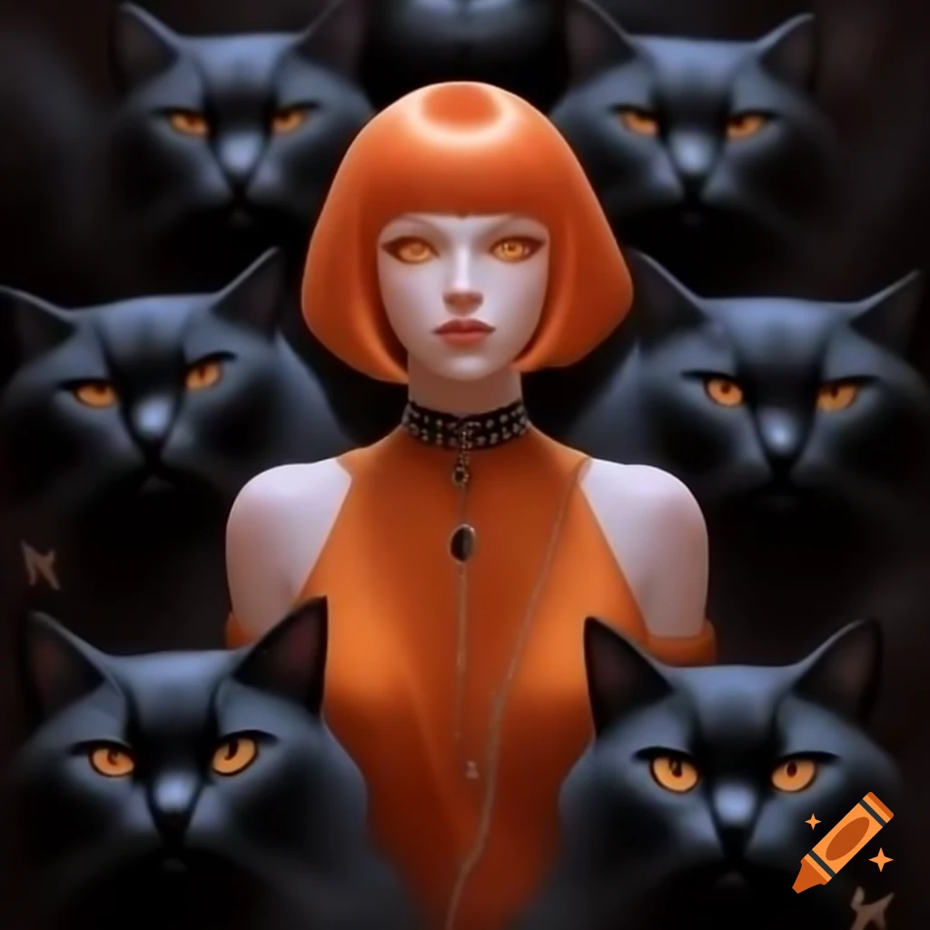 Steampunk female flapper with bob hairstyle surrounded by black cats with orange eyes