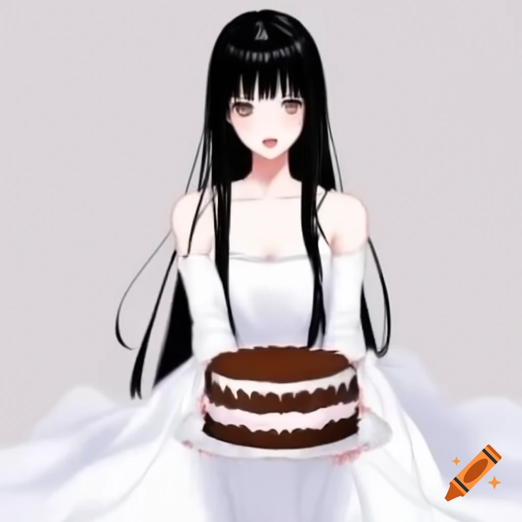 Anime woman in white dress holding large cake with satisfaction