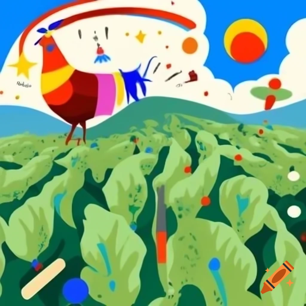 Colorful digital art of laughing pheasant in Dutch sugar beet field
