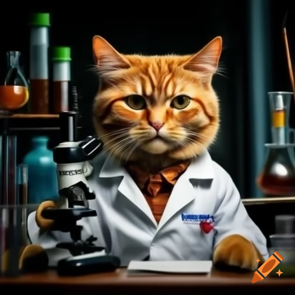 Orange cat in laboratory coat holding syringe with microscope in background