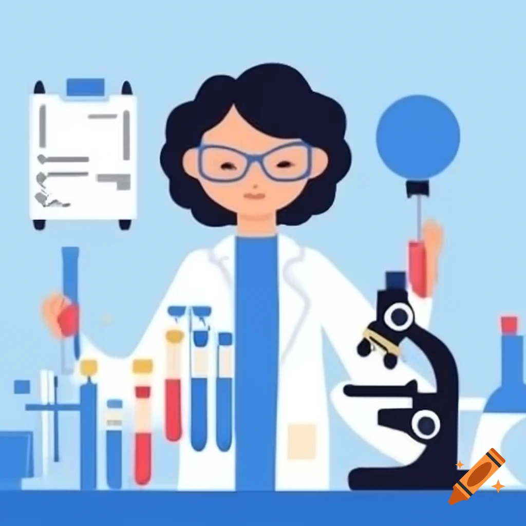Constructivist poster of female scientist with test tubes and microscope