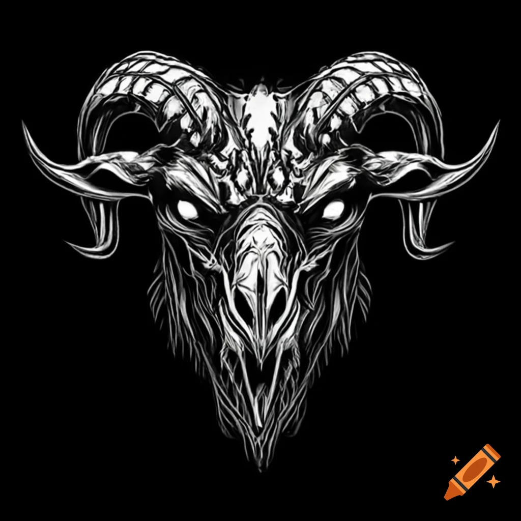 Demonic zombie goat head with multiple horns in pen black ink