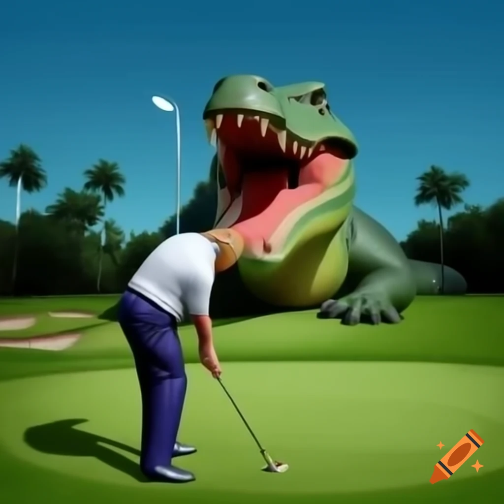 Satirical portrayal of a humorous scene with Trump golfing and an angry alligator chase