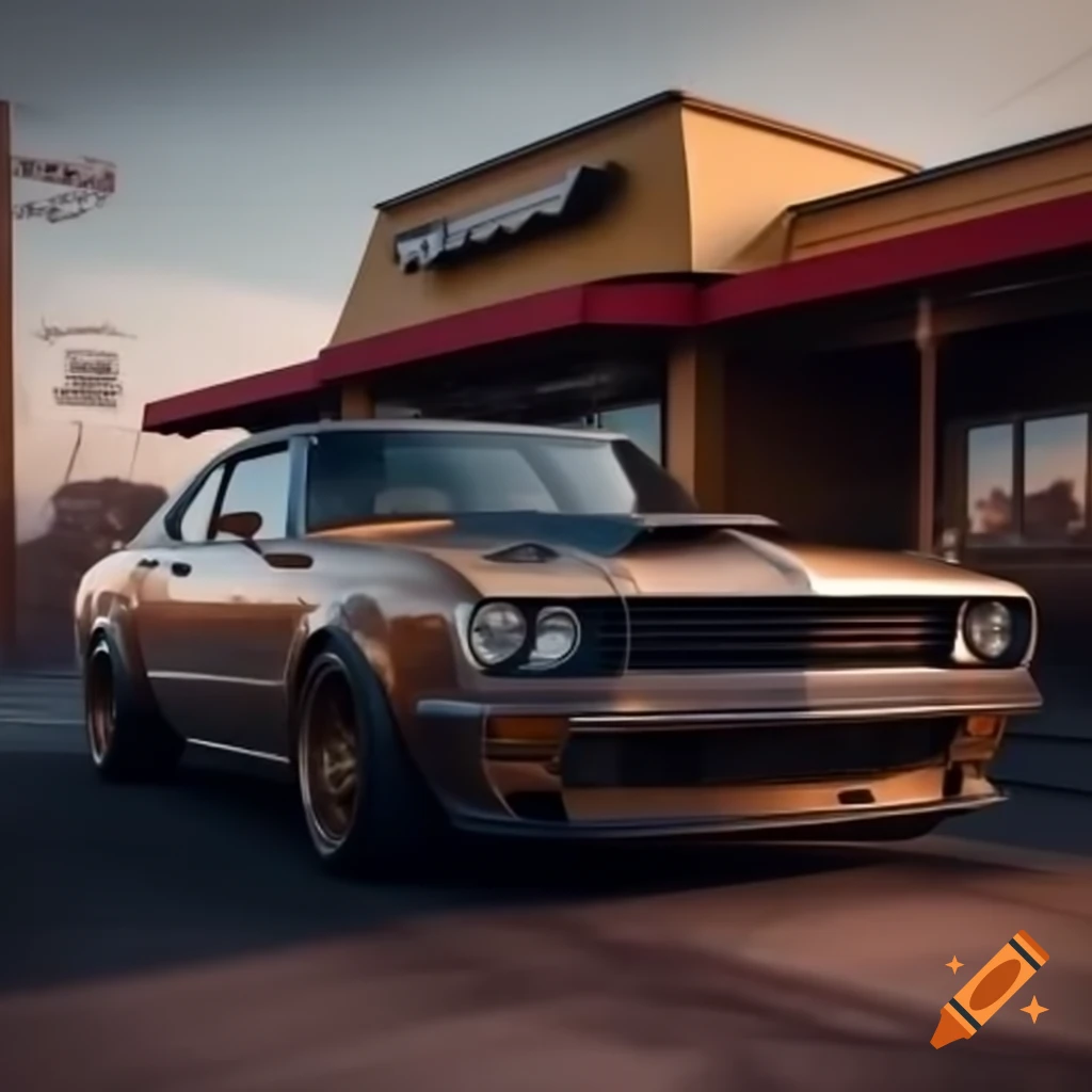 Retro car in front of restaurant, hyper-realistic with modern army equipment