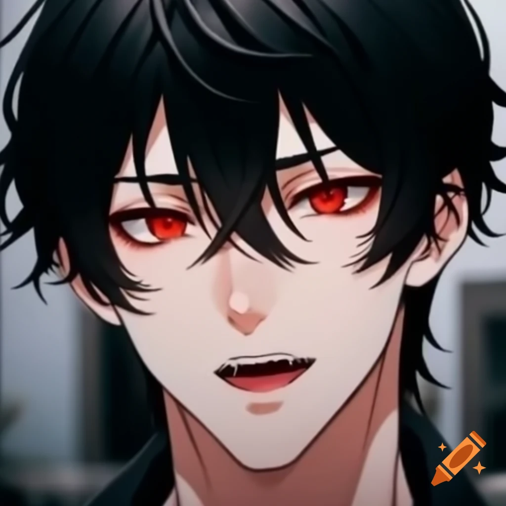 Stylized anime character with black hair and red eyes