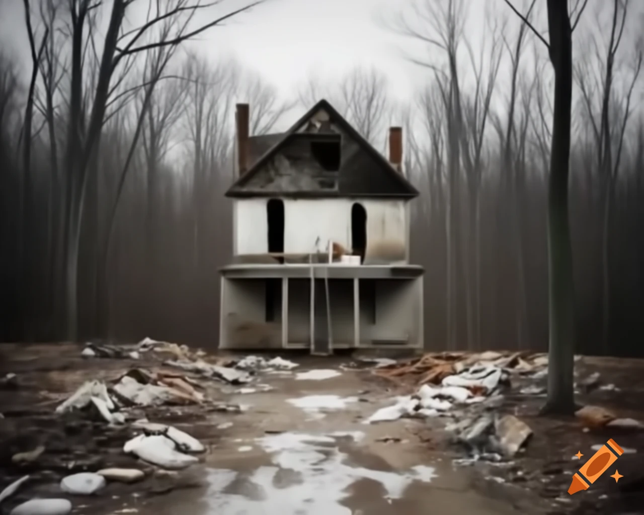Lonely ruined house on trash-covered path in winter forest, man with scary face on porch