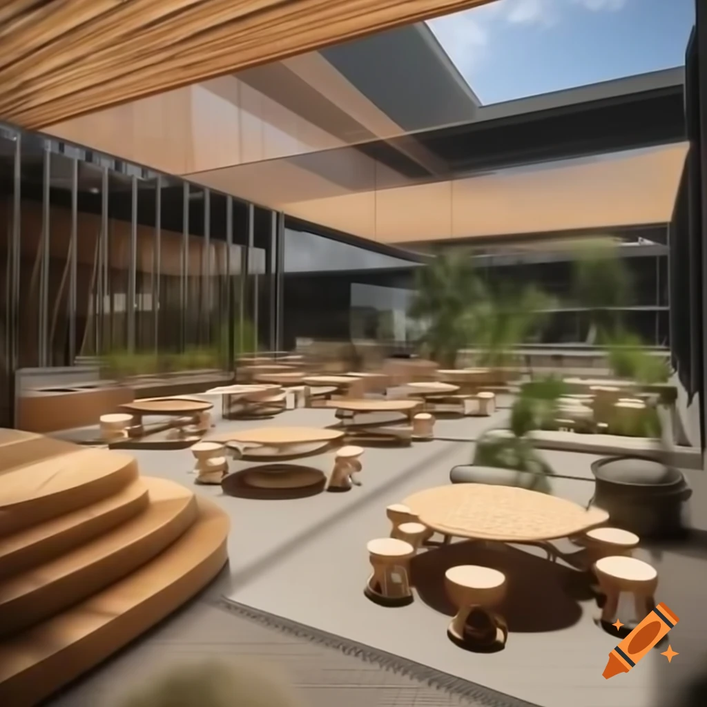 Stage gathering area with high top seating and wooden coverings for Chattanooga Jazz