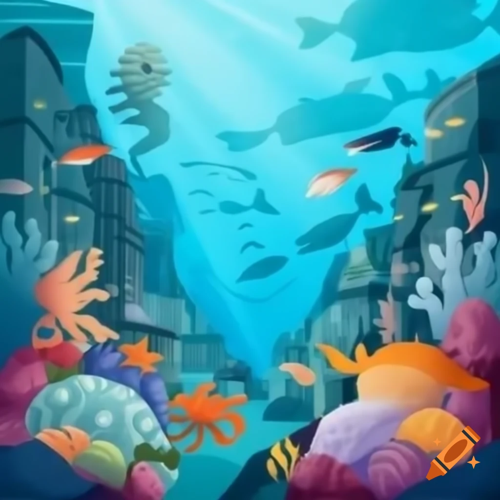 Bustling underwater city with diverse sea creatures