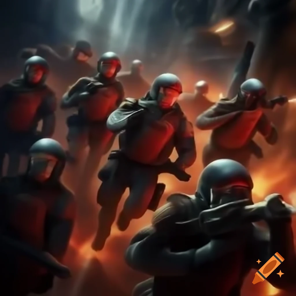 Chancellery Guards in futuristic uniforms in a battle scene