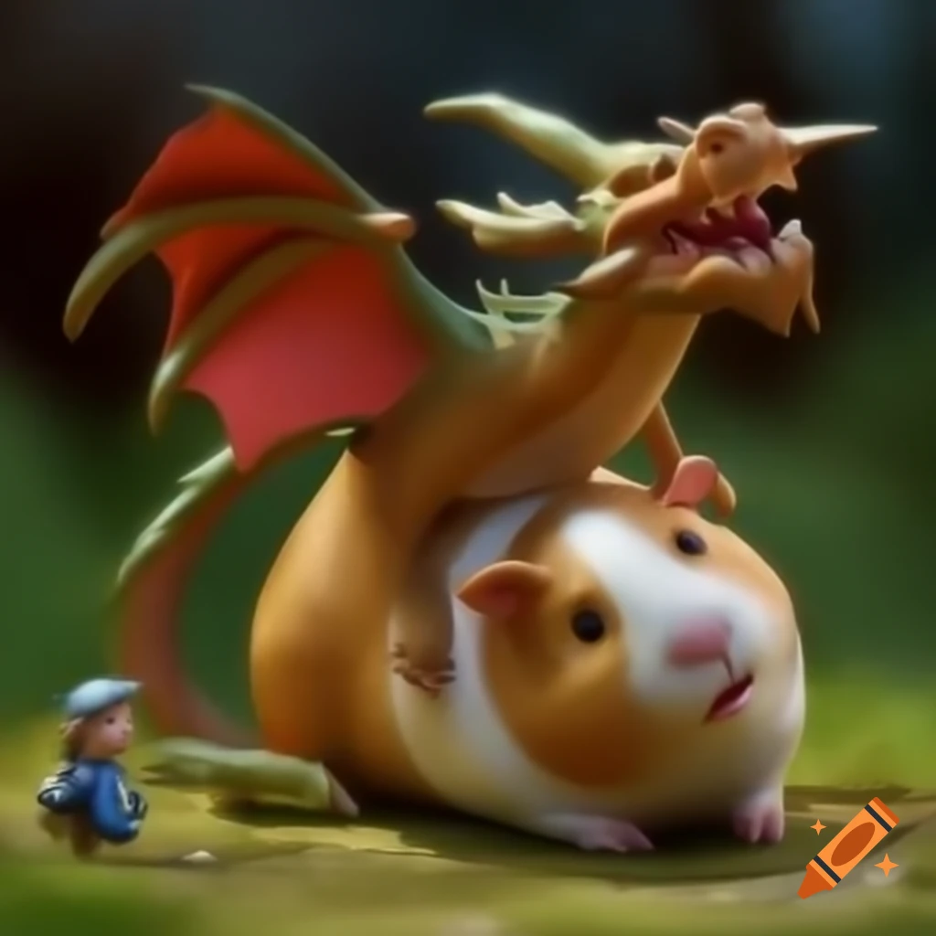 Guinea pig in standoff with miniature dragon, playful scene