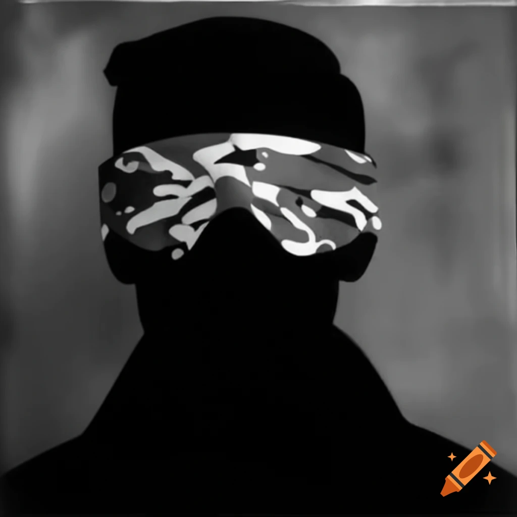 Blindfolded army personnel in black and white oil painting