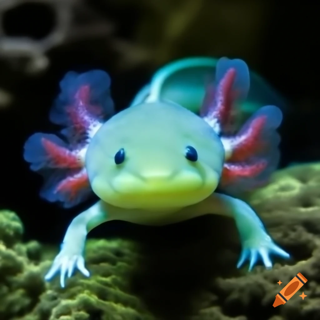 Green axolotl swimming in water