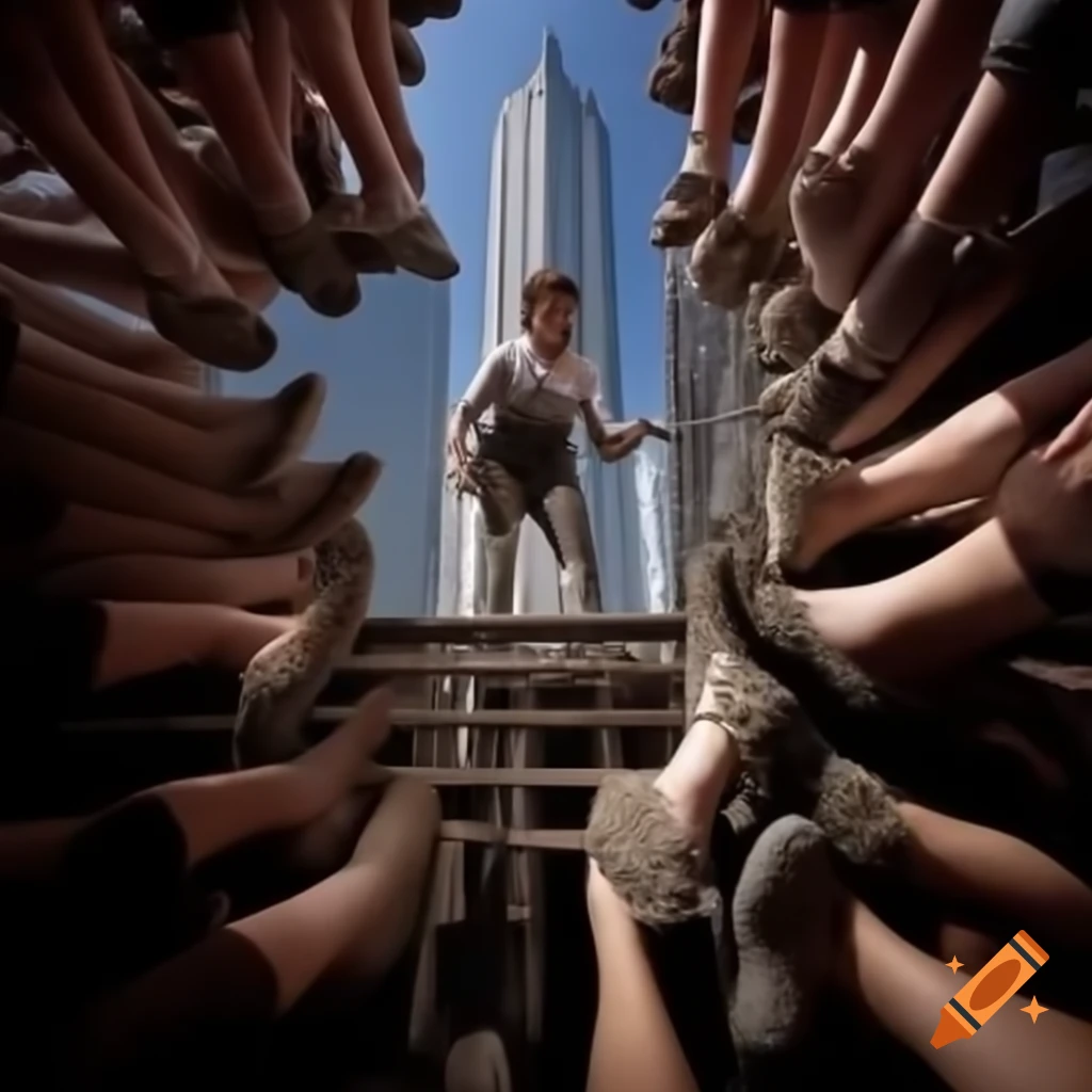 Photorealistic depiction of Elizabeth Taylor as an ironworker high above a metropolis