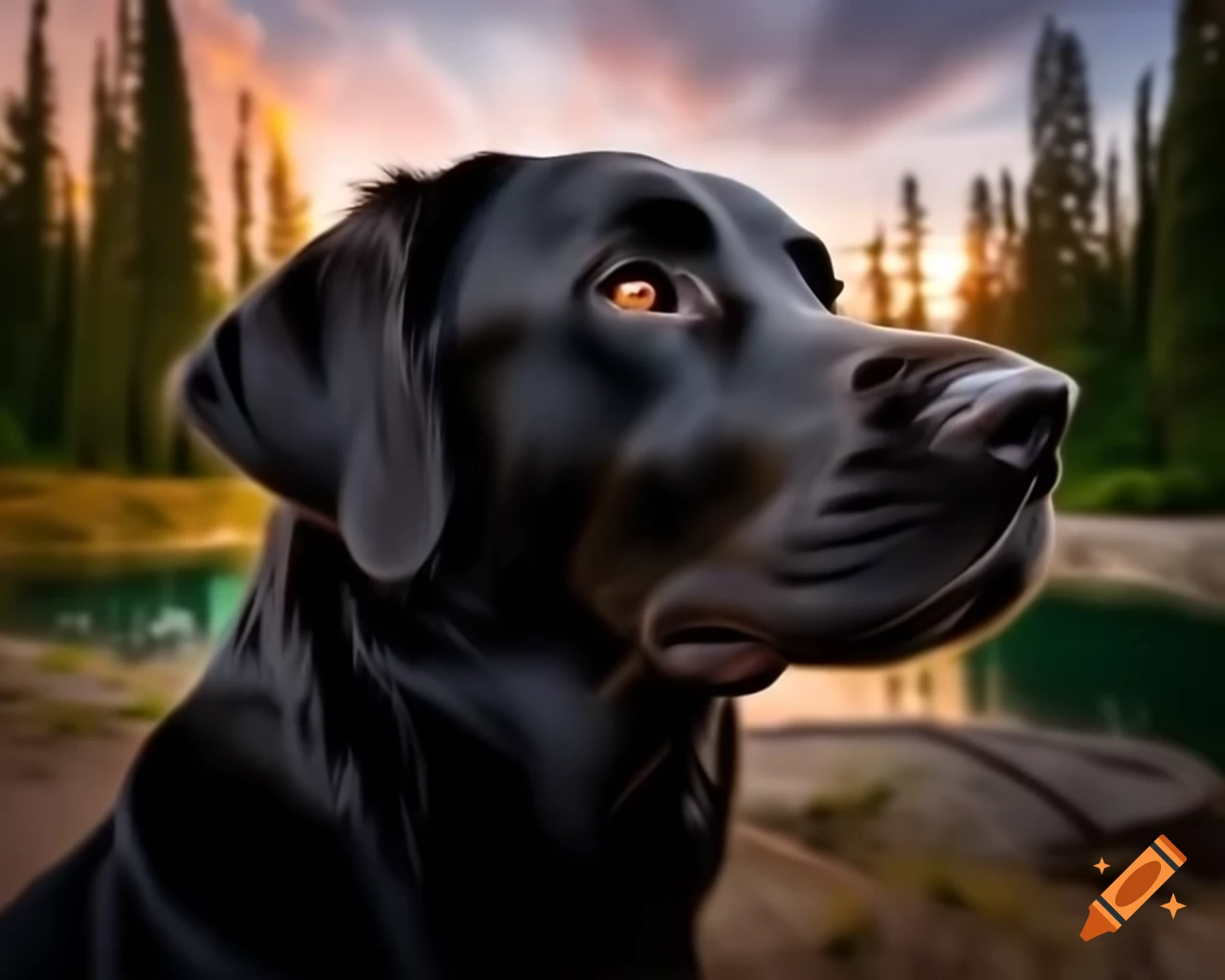 Black Labrador Retriever close up in forest with trees