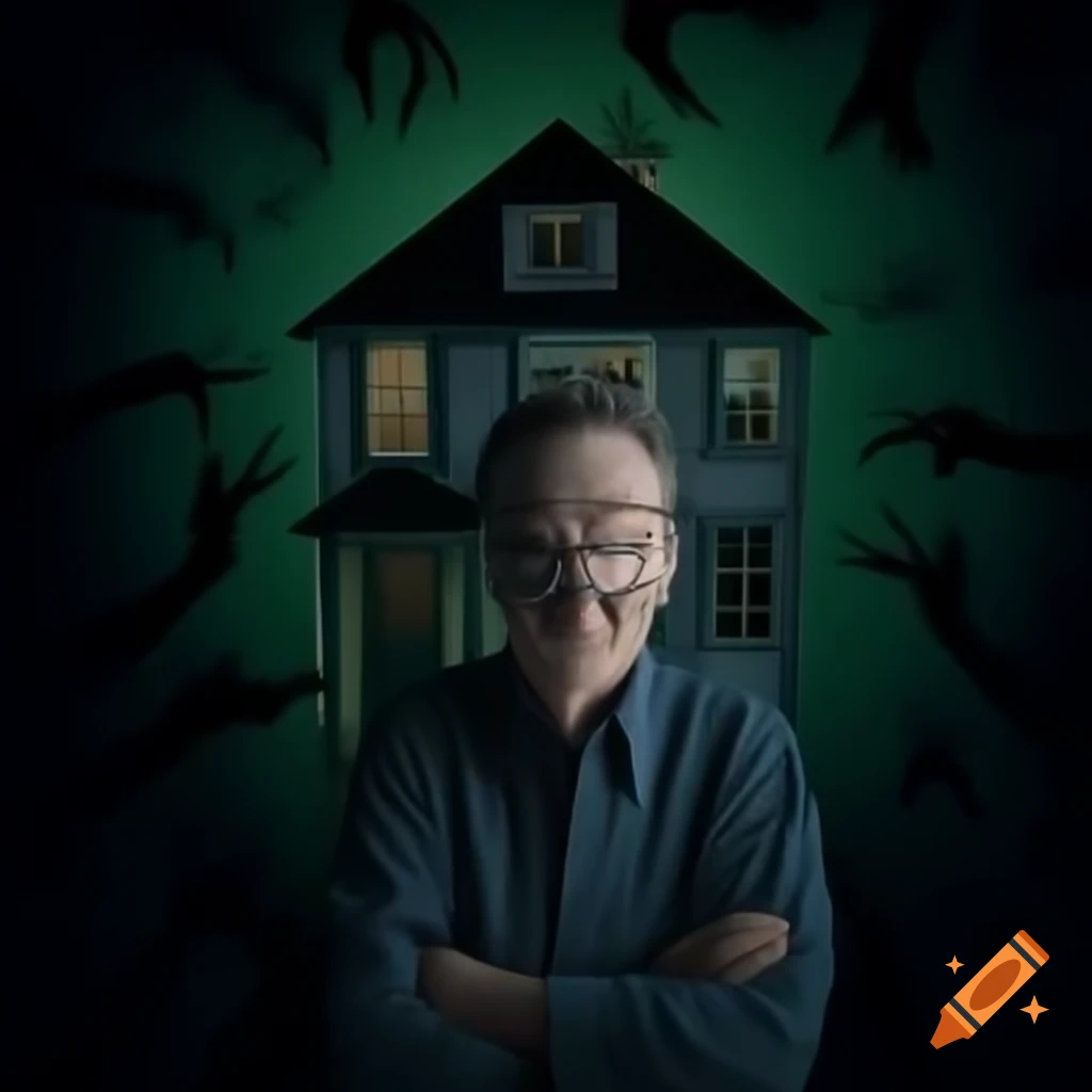 Mysterious man in front of dark, mythical house