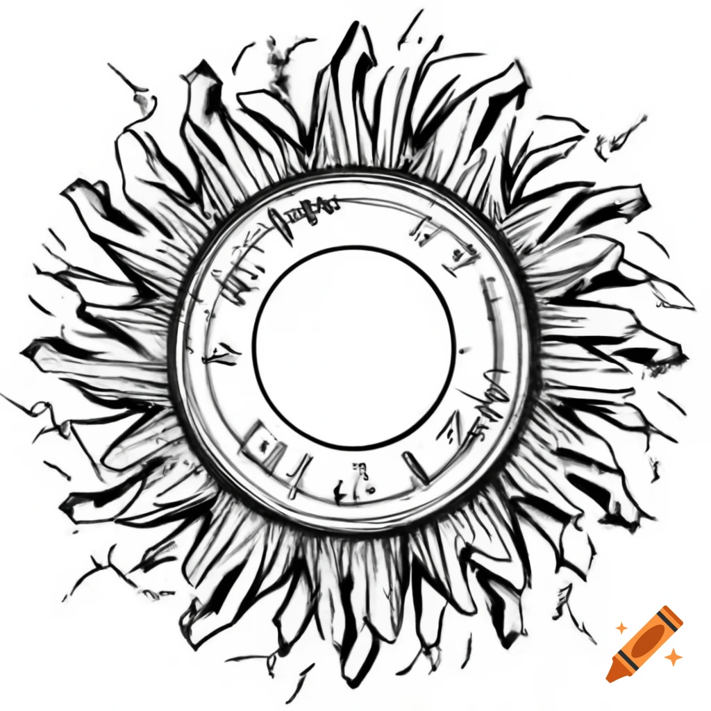 Circular sun-like sketch with ancient runes creating mystical shadows