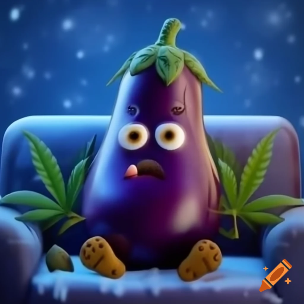 Silly eggplant emoji with squinty eyes and smirk, surrounded by marijuana leaves on couch with snowy backdrop
