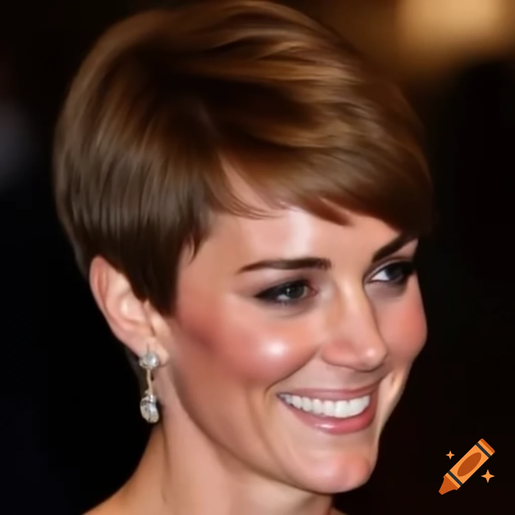 Catherine Middleton with pixie cut holding her cut long hair