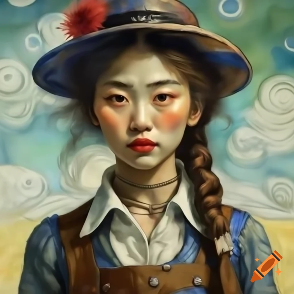 Portrait of Korean woman in Rockabilly attire, animated Van Gogh style with watercolor elements