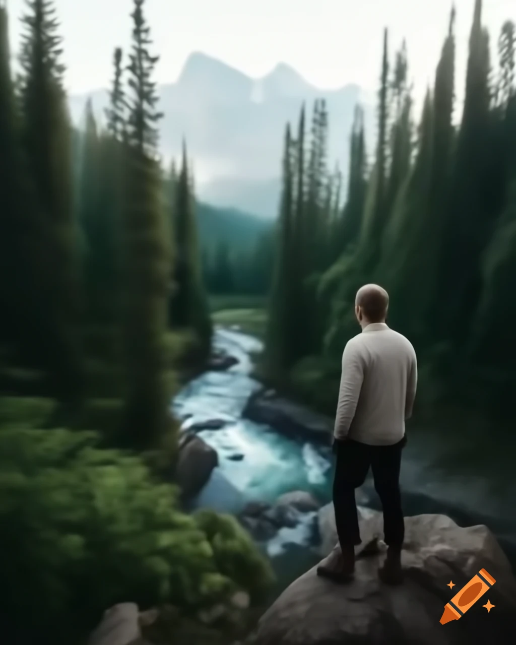 Man gazing at vast mountains and winding river through green and blue valley