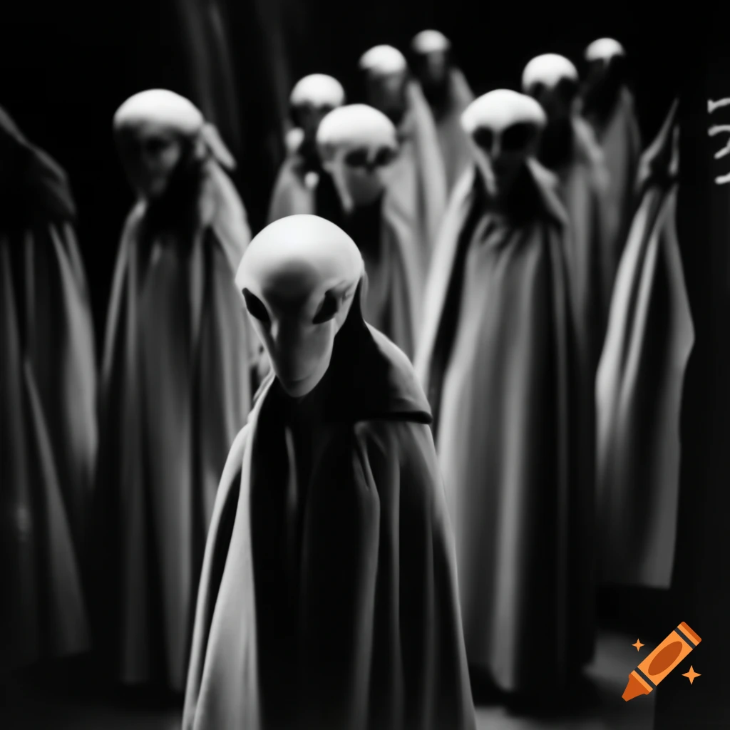 Abstract beings participating in alien ritual standing in formation