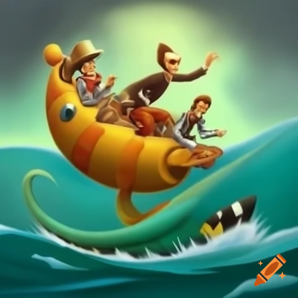 Surreal fusion artwork inspired by Beatles-era art featuring a whimsical yellow submarine