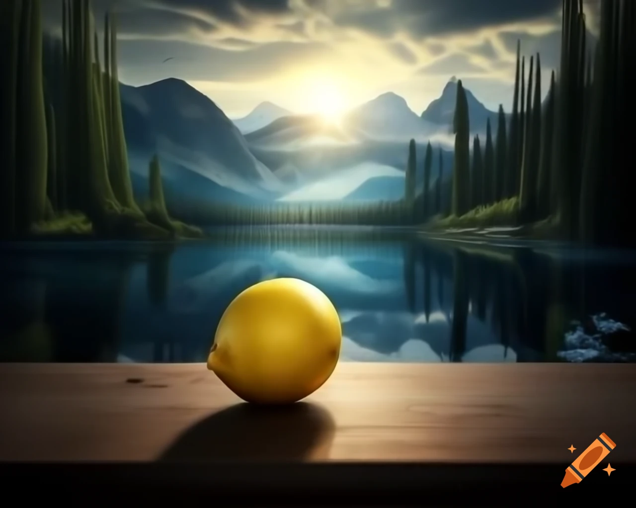 Surreal lemon monster sculpture with human features in forest setting
