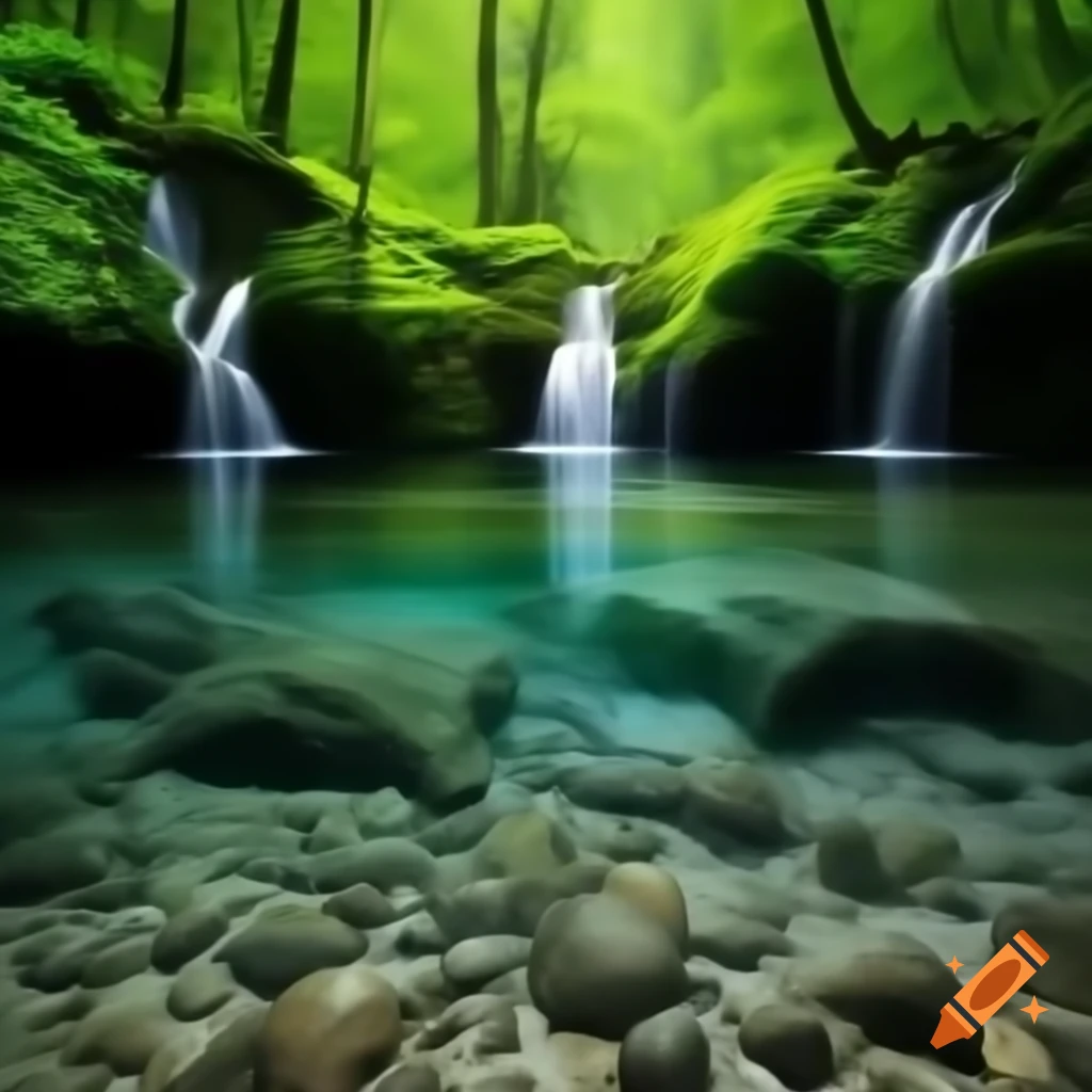 Lush green forest with waterfall flowing into crystal-clear river