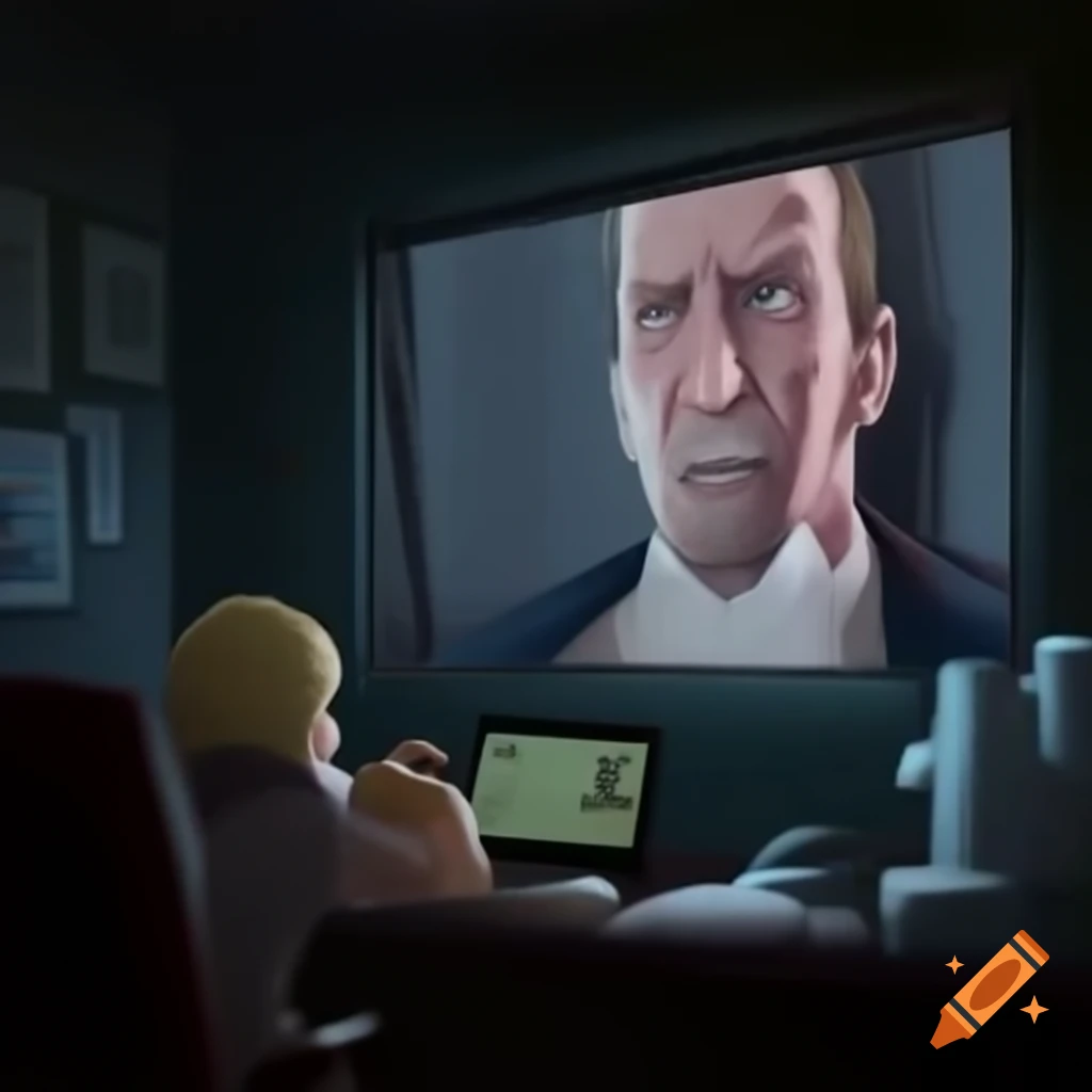 Crowd of people in dark room yelling at giant screen displaying a man s
