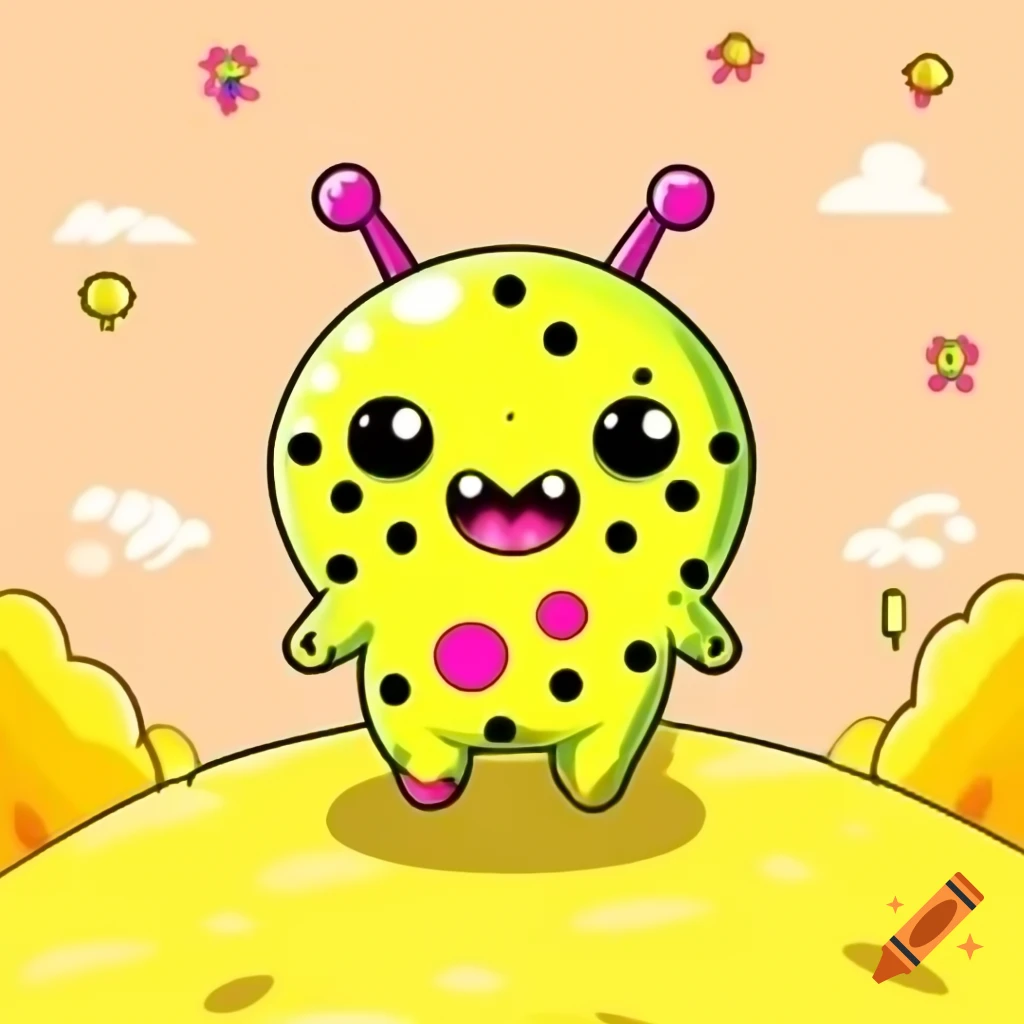 Cute yellow girly alien with black dots in yellow themed scenery, anime cartoon style