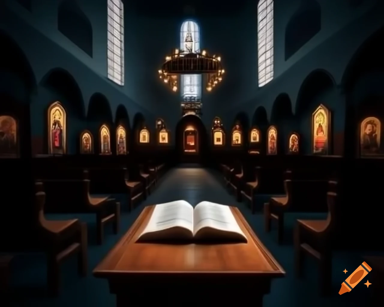Open book on table in church with illuminated icons and harmony