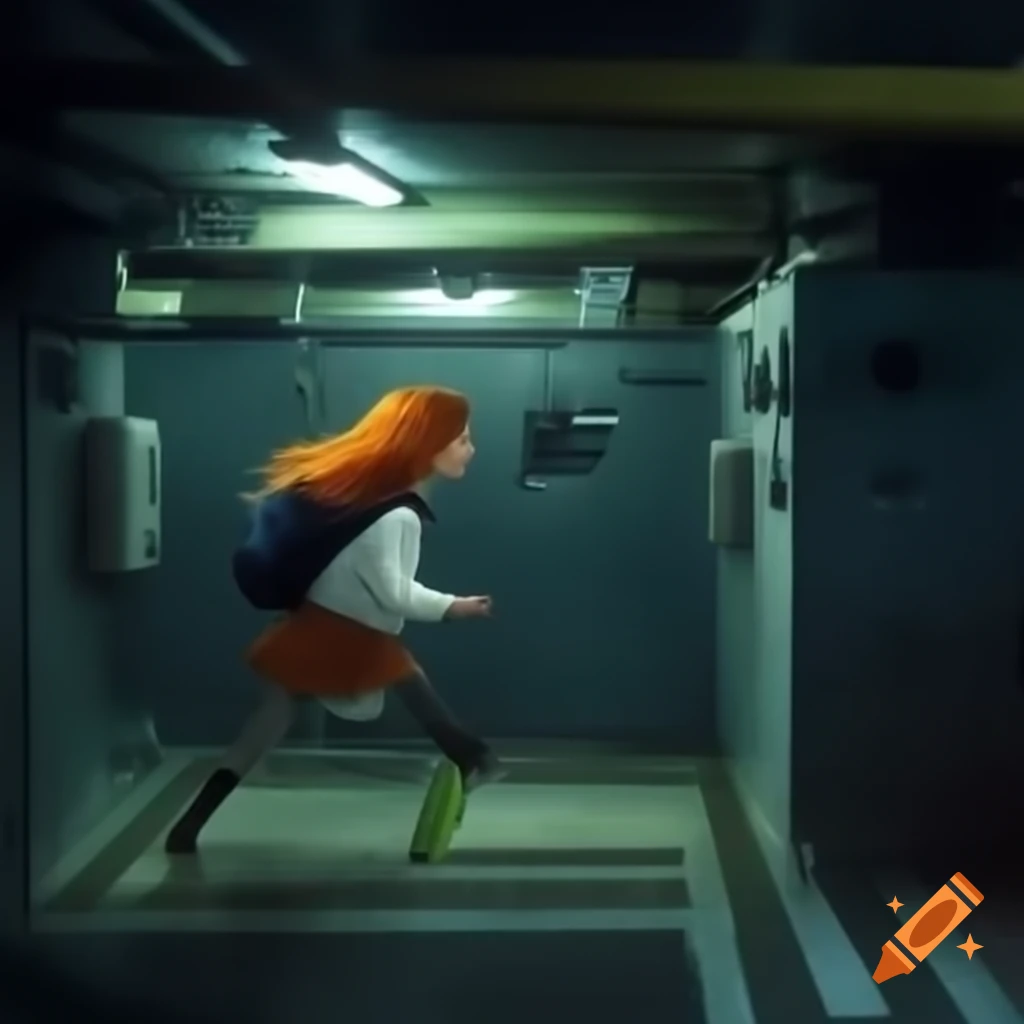 Girl with red hair navigating concrete basement labyrinth from security camera perspective