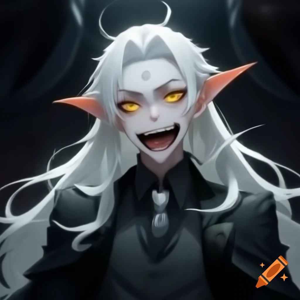 Vampire prince with long white hair in black suit and crown, fangs visible