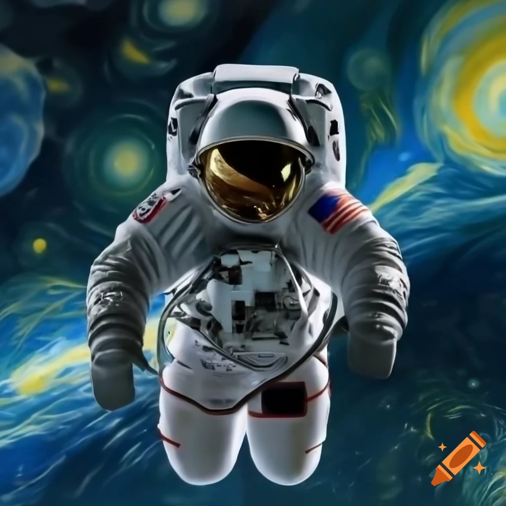 Astronaut floating in space with van Gogh style, visible brush strokes