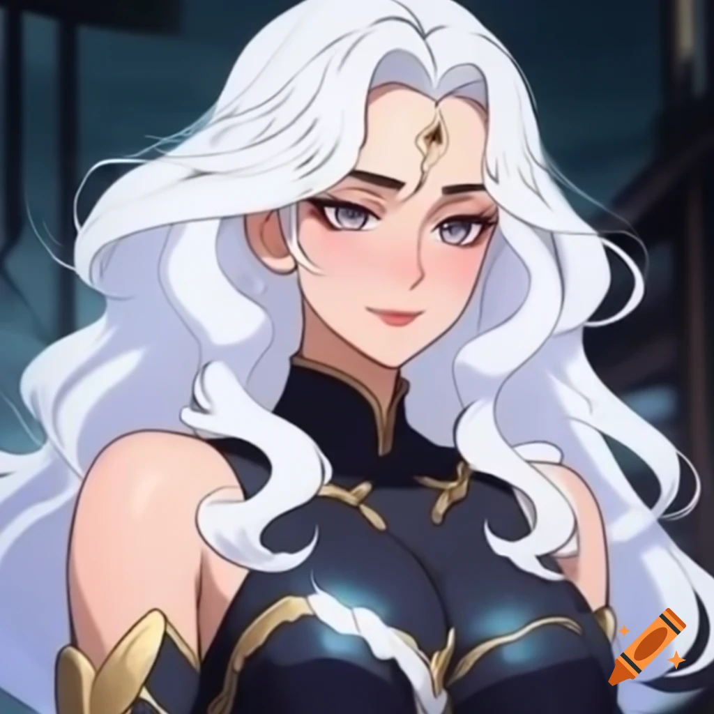 Kuroshitsuji animated sultry heroine with white wavy long hair, ornate portrait style